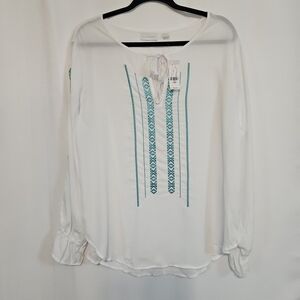 New York & Company White Blouse with Blue Embroidery (NWT but FLAW)